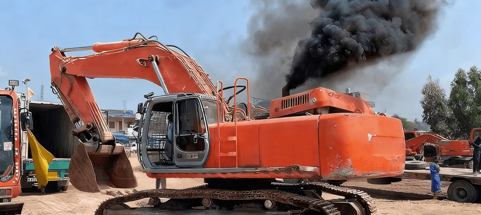 An orange excavator emitting thick black smoke from its exhaust, a common and serious sign of a failing engine.