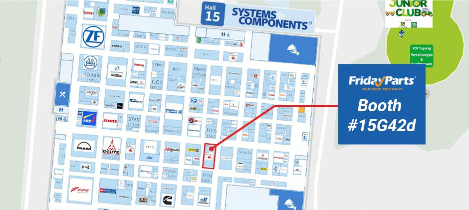 Floor plan of Hall 15 at Agritechnica, with a red box and callout highlighting the location of the FridayParts booth, #15G42d.