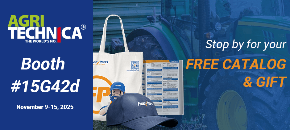 Promotional image showing the free catalog and gifts, including a hat and tote bag, available at the FridayParts booth at Agritechnica.