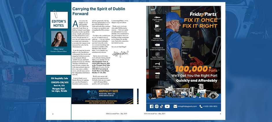 Image of the IDA Universal magazine showing FridayParts' feature and full-page advertisement, confirming our official membership in the association.