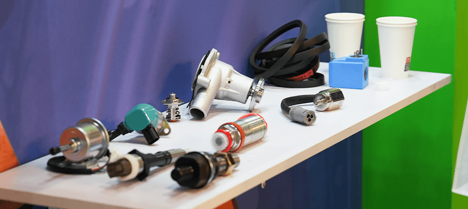 A display of various FridayParts aftermarket machinery parts, including a water pump and sensors, at the Agritechnica 2025 booth.