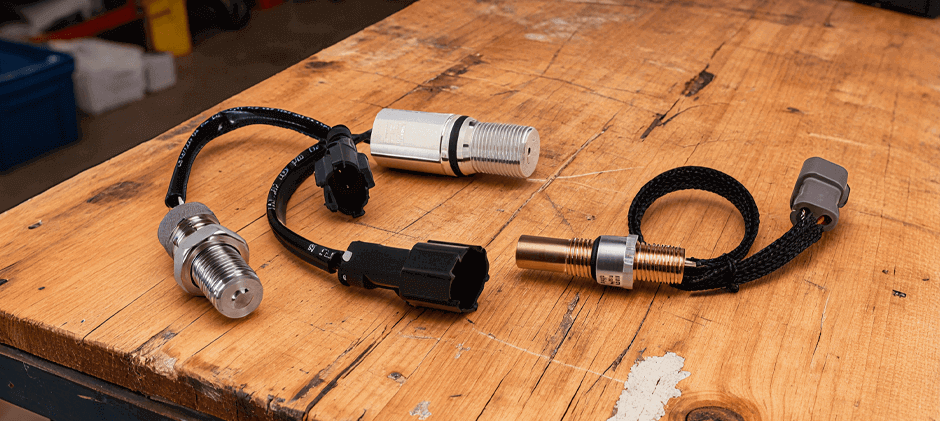 Three different types of aftermarket speed sensors for heavy equipment, including excavators and loaders, displayed on a wooden workbench.