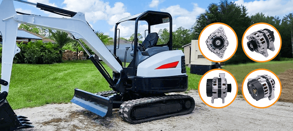 A mini-excavator on a job site with a aftermarket alternators shown as examples of replacement parts.