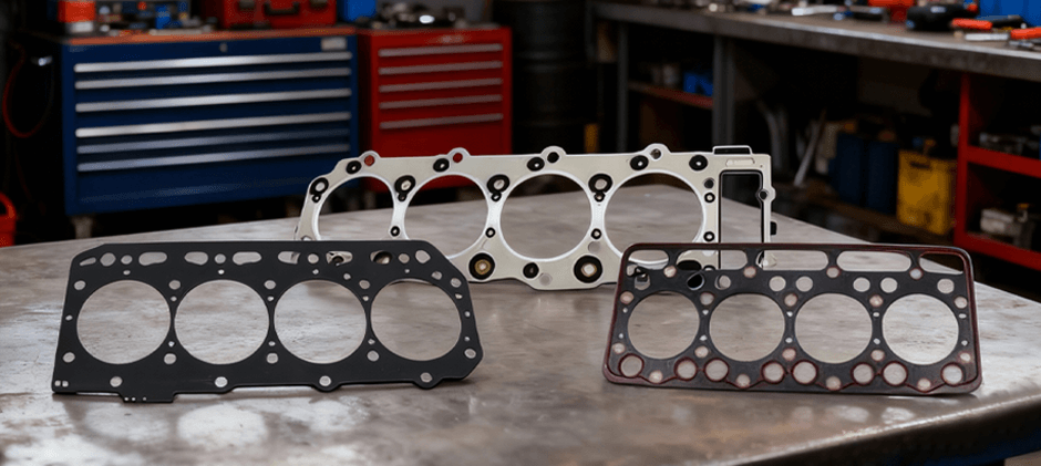 Variety of head gaskets laid out on a workbench.