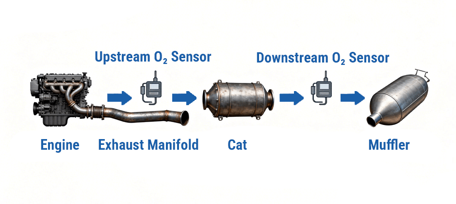 Diagram illustrating the exhaust system layout for diagnosing P0420 code, showing the engine, upstream O2 sensor, catalytic converter, downstream O2 sensor, and muffler in sequence.