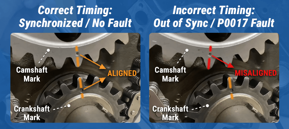 A diagram comparing correct and incorrect engine timing. The left side shows aligned camshaft and crankshaft marks, labeled 'Correct Timing.' The right side shows misaligned marks, labeled 'Incorrect Timing / P0017 Fault.'