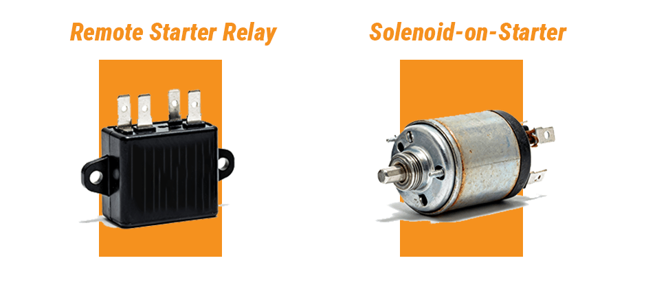A side-by-side comparison showing two types of starter relays: a black, box-style remote starter relay on the left, and a cylindrical solenoid mounted directly on a starter motor on the right.