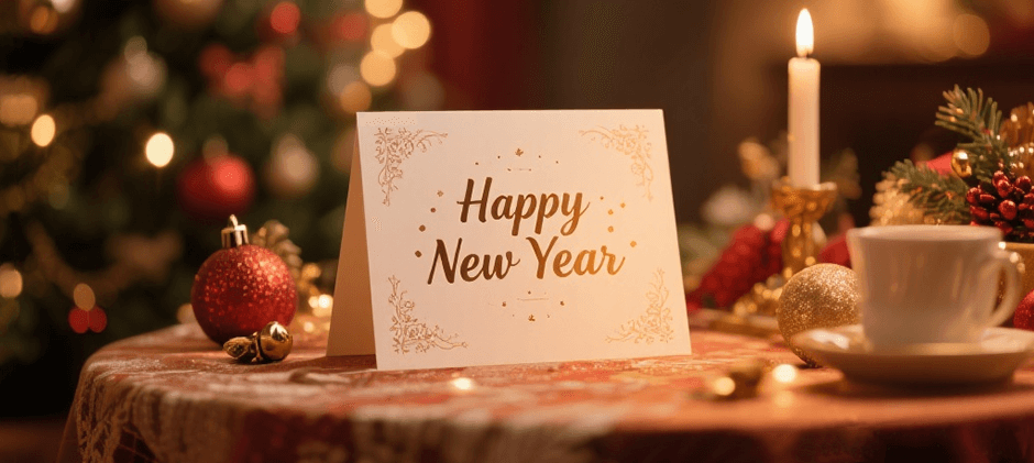 Happy New Year card on a festive table with a candle and holiday decor