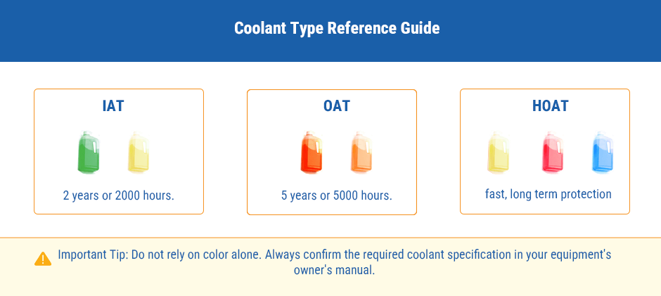 An infographic titled 'Coolant Type Reference Guide' showing three coolant types. IAT is green/yellow, lasting 2 years/2000 hours. OAT is red/orange, lasting 5 years/5000 hours. HOAT is yellow/pink/blue, offering fast, long-term protection. A tip warns against relying solely on color.