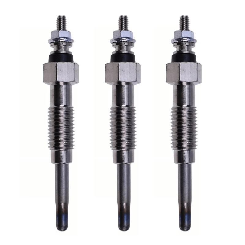 Three new diesel engine glow plugs lined up, a key part for reliable cold starts in heavy machinery.