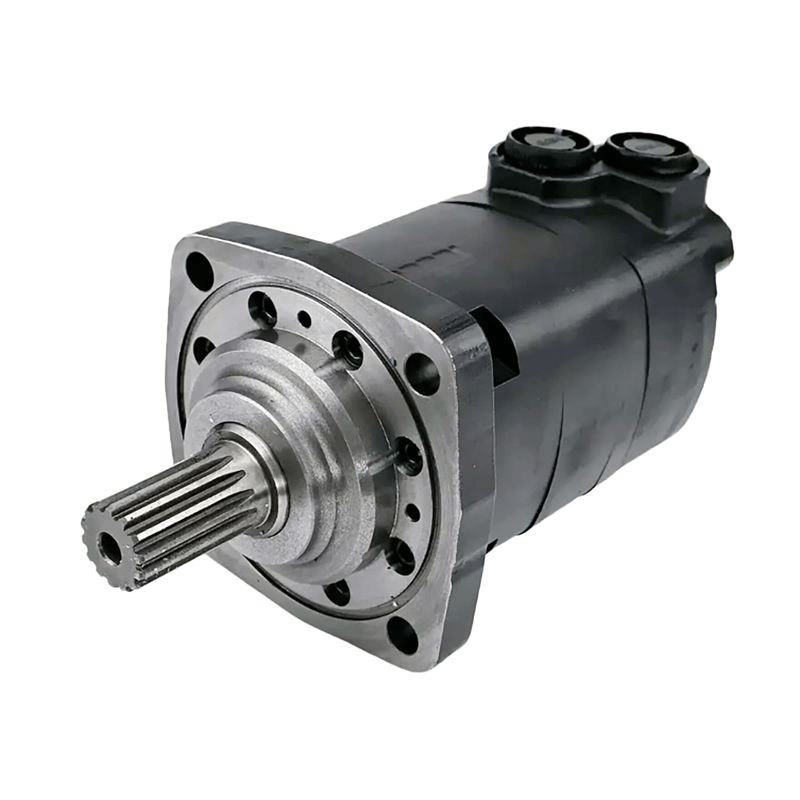 A black hydraulic drive motor with a splined shaft, used for powering attachments on heavy machinery like snow blowers or spreaders.