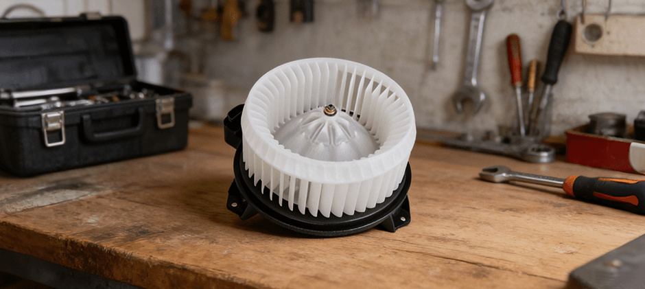 A new heavy equipment HVAC blower motor and fan cage assembly sitting on a wooden workbench in a repair shop.