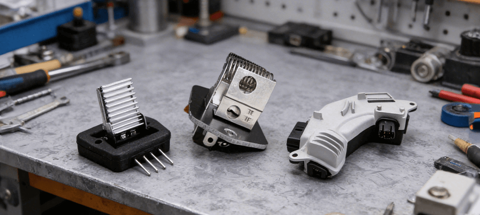 Three different styles of blower motor resistors for heavy equipment laid out on a metal workbench.