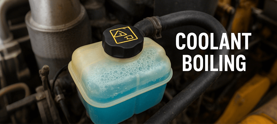 Close-up of a coolant reservoir with blue antifreeze bubbling, a clear sign of a boiling or depressurized cooling system in an engine.