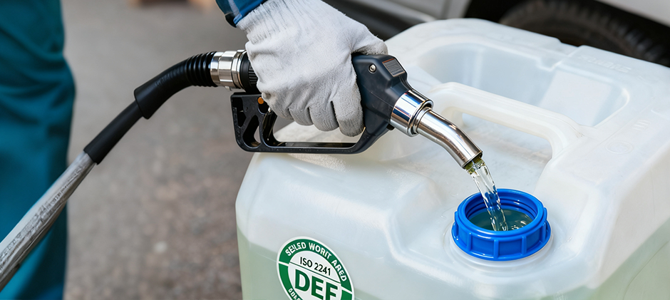 A gloved hand dispensing clear Diesel Exhaust Fluid from a nozzle into a certified ISO 22241 container.