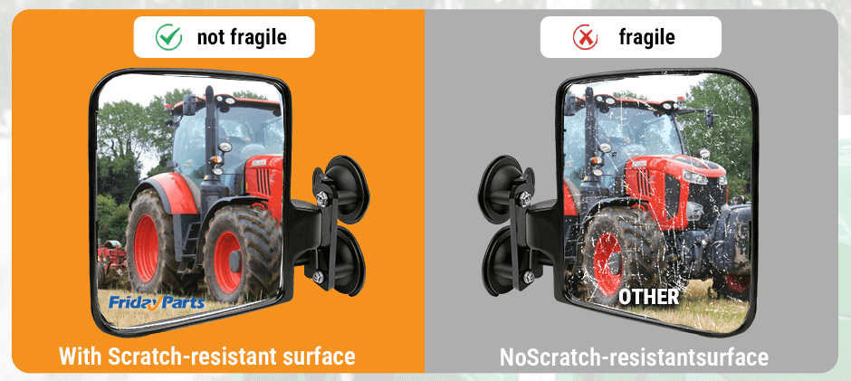Comparison graphic showing a clear, scratch-resistant FridayParts mirror versus a shattered, fragile mirror from another brand.