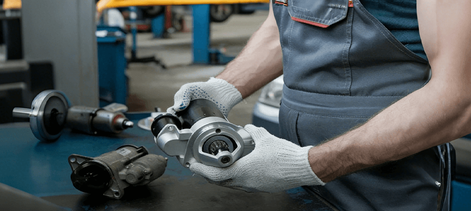 A mechanic in a workshop holding a new replacement starter motor and solenoid assembly, with old, worn-out starters on the workbench behind him.