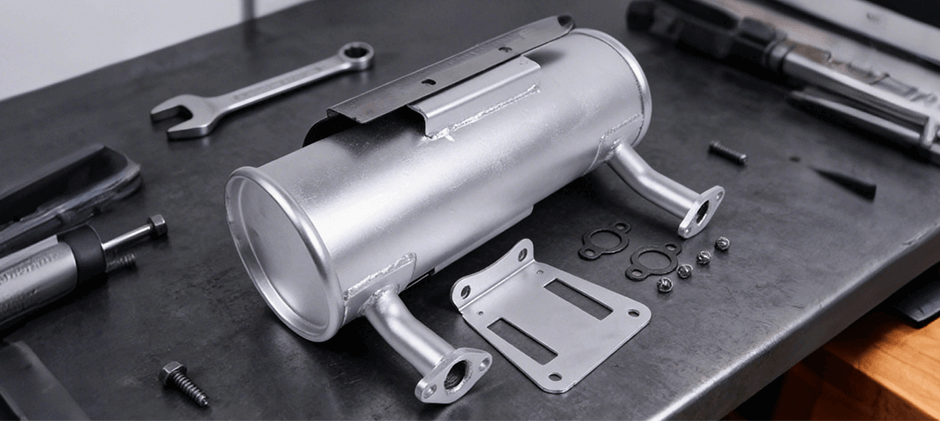 A new silver muffler for heavy equipment lying on a workbench with mounting brackets, bolts, and a wrench, ready for installation.