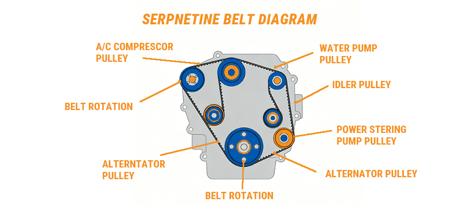 A diagram showing the path of a serpentine belt around various engine pulleys, including the alternator, water pump, and A/C compressor.
