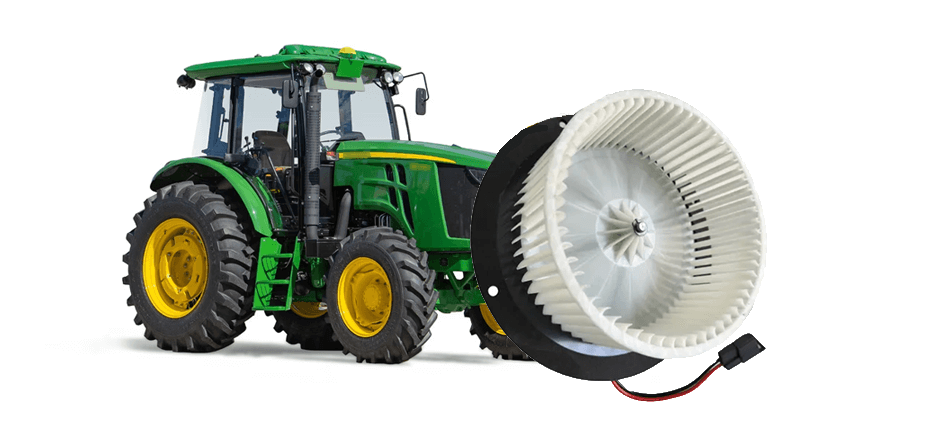 A green farm tractor next to a replacement HVAC blower motor, showing the fan cage and wiring connector, illustrating how to test a blower motor