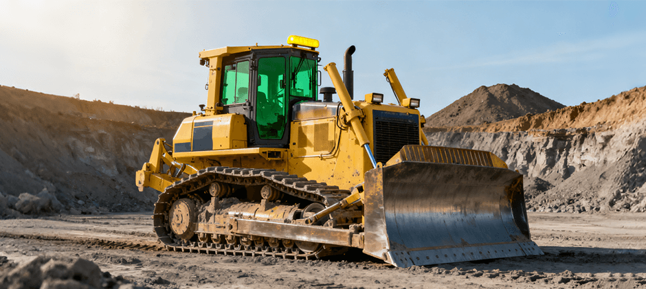 A yellow Komatsu D355A bulldozer parked on a dirt construction site under a bright sun.