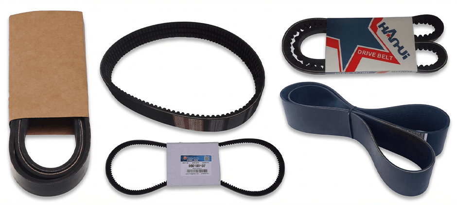 A collage of different engine belts including a serpentine belt, a cogged V-belt, and a smooth V-belt against a white background.