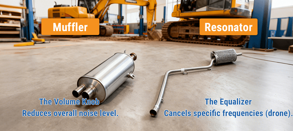 Infographic comparing a muffler and a resonator. The muffler is labeled 'The Volume Knob' for reducing overall noise, while the resonator is 'The Equalizer' for canceling specific drone frequencies.