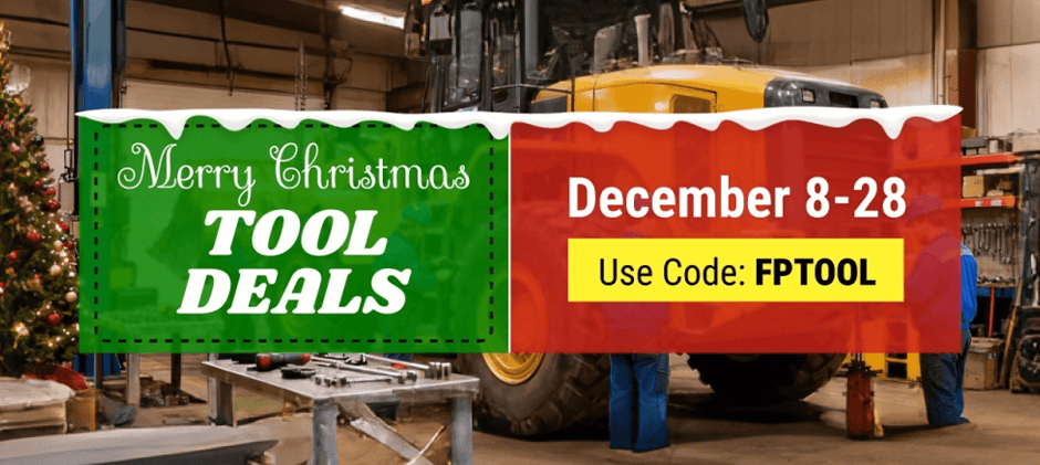 A promotional banner for FridayParts' Christmas Tool Deals, showing the sale dates from December 8-28 and the discount code FPTOOL. The background features a heavy machinery workshop with a Christmas tree.
