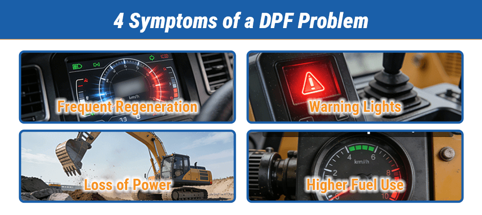 A collage showing four common symptoms of a DPF problem: a dashboard indicating frequent regeneration, a red warning light on a console, an excavator representing loss of power, and a fuel gauge showing higher fuel use.