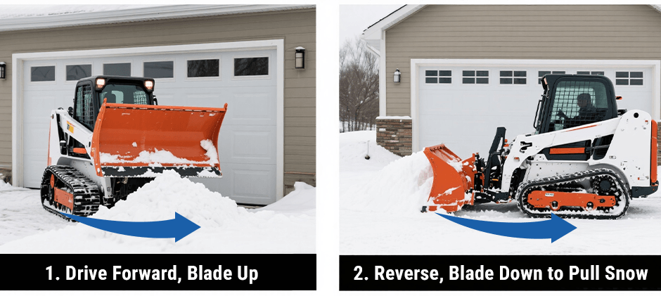 A two-step diagram showing a skid steer with a snow blade using the back-dragging technique to pull snow away from a garage door safely.