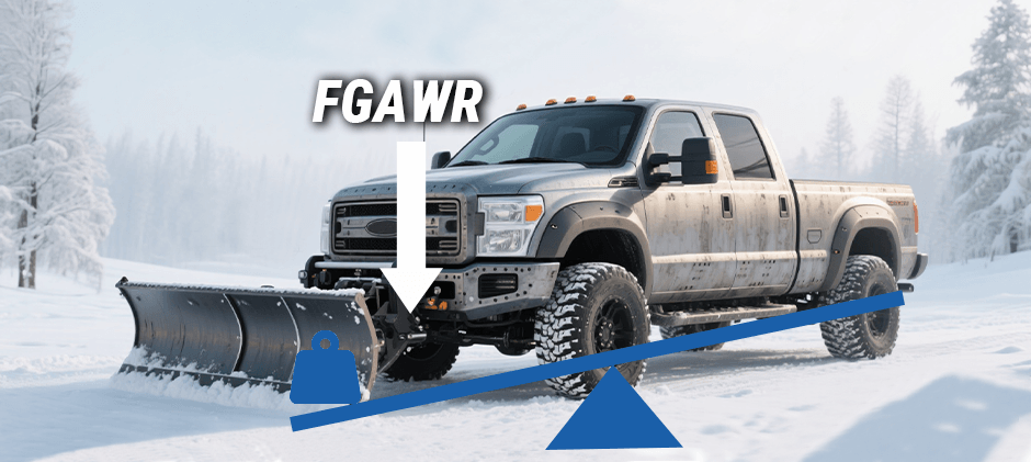 An illustration of the lever effect a snow plow has on a truck's front axle, with an arrow pointing to the axle labeled FGAWR to represent the Front Gross Axle Weight Rating.