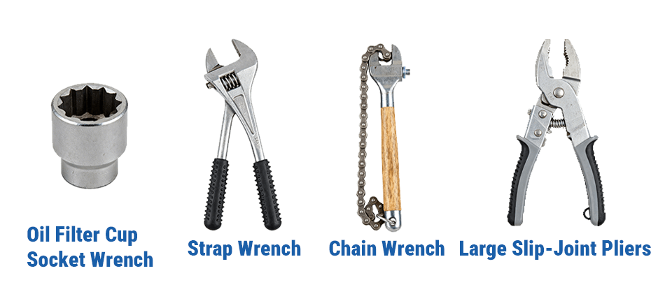 Four types of wrenches for removing a stuck oil filter: a cup socket, a strap wrench, a chain wrench, and large slip-joint pliers, shown in a row.