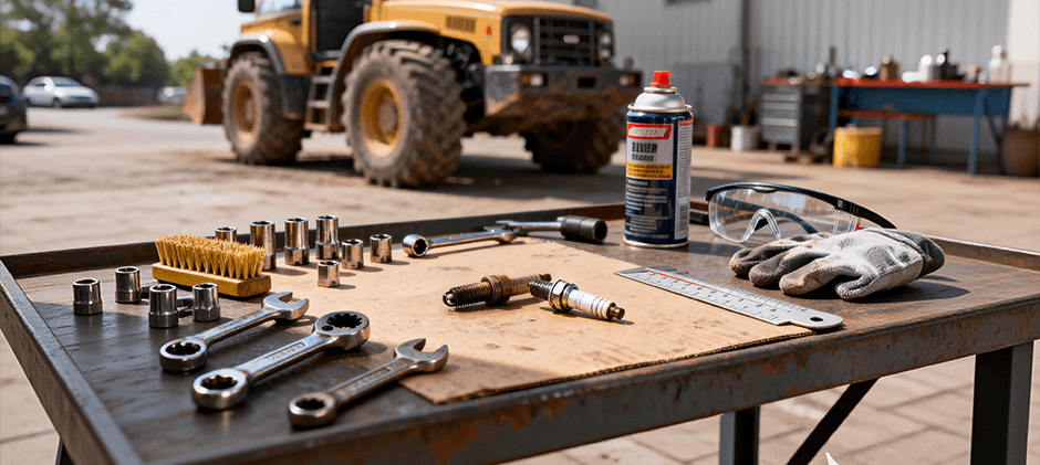 A workbench set up for cleaning spark plugs, showing necessary tools like a wire brush and sockets, with heavy machinery in the background.
