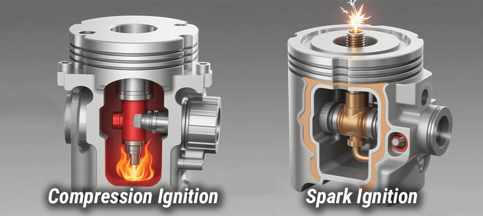 Side-by-side diagram showing diesel compression ignition versus gasoline spark ignition inside engine cylinders.