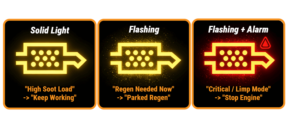 Comparison chart showing three stages of Diesel Particulate Filter warning lights: solid light for high soot, flashing light for required regen, and flashing light with alarm for critical limp mode.