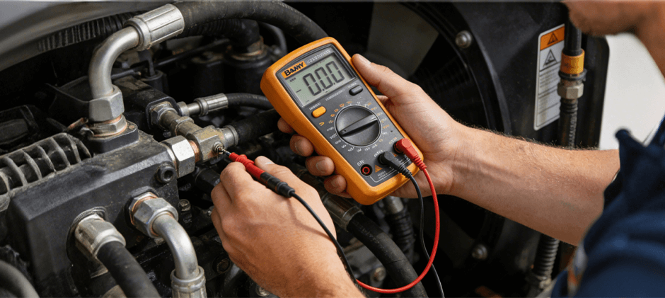 A technician uses a multimeter to test the electrical system on a piece of heavy machinery, a key step in troubleshooting Bobcat fault codes.
