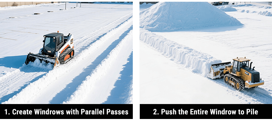 A two-step diagram illustrating the windrowing technique: first, a skid steer creates parallel rows of snow in a large lot, and second, a larger machine pushes the entire row to a pile.