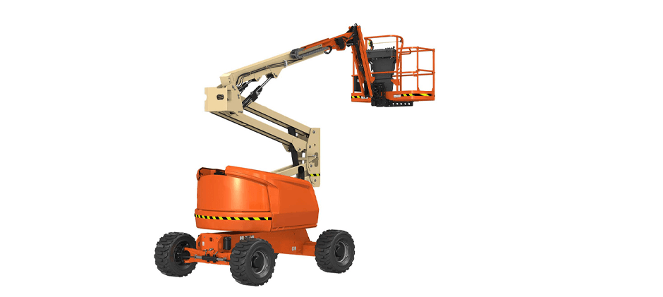A 3D model of an orange articulating boom lift, showing the multiple joints or 'knuckles' in its arm.