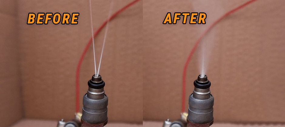 A side-by-side comparison showing a clogged injector spraying two weak streams ('Before') and a clean injector spraying a fine, cone-shaped mist ('After').