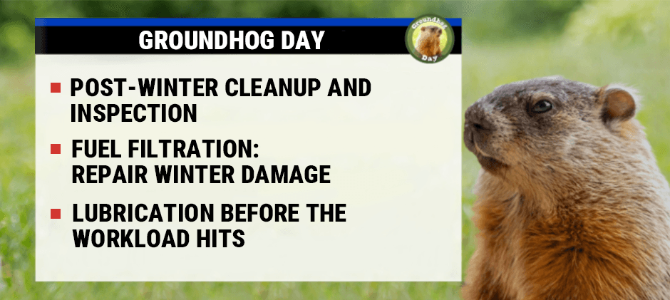 An animated graphic showing a checklist for early spring equipment prep: post-winter cleanup, fuel filtration, and lubrication, next to a photo of a groundhog.