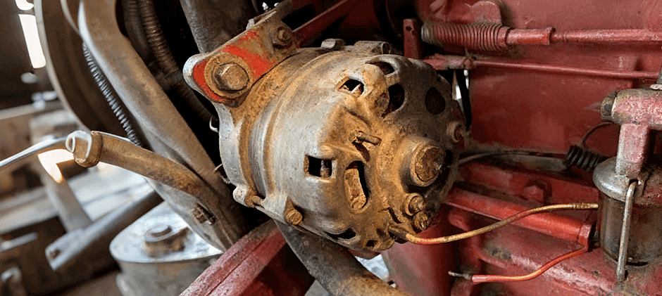 Close-up of a rusty and worn alternator mounted on the engine of a piece of heavy equipment.