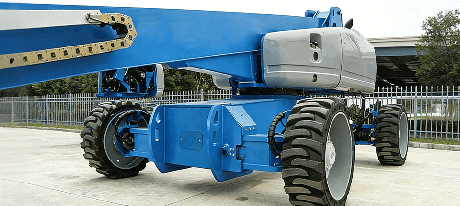 Close-up of the large, foam-filled tires with deep lug tread on a blue boom lift, built for maximum traction on rough terrain.
