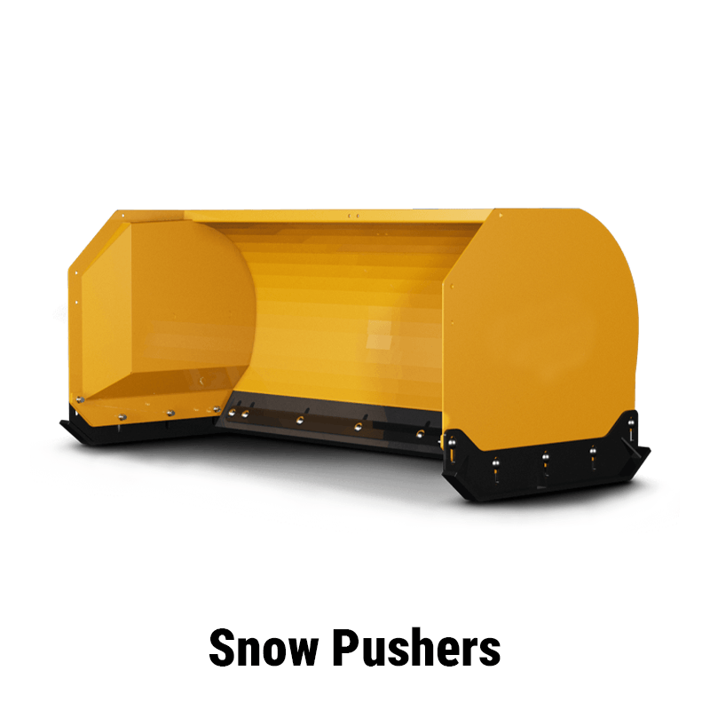 Skid Steer Snow Pusher (Box Plow) A yellow box-style snow pusher for a skid steer, featuring large side plates designed to contain and move maximum snow volume per pass.