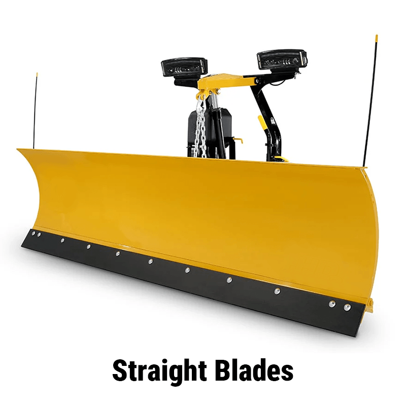 Skid Steer Straight Blade A simple and reliable yellow straight snow blade attachment for a skid steer, representing a basic and cost-effective snow removal solution.