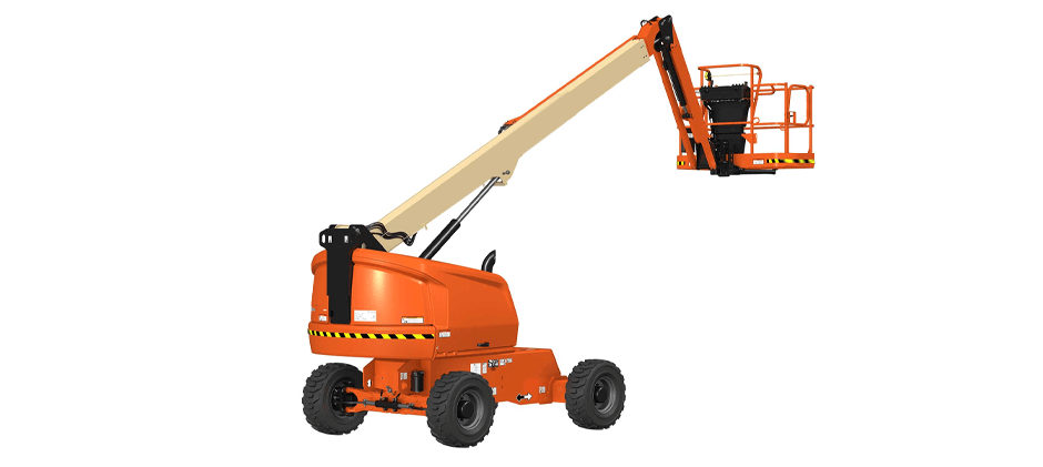 A 3D model of a telescopic boom lift, also known as a stick boom, with its single straight arm extended.