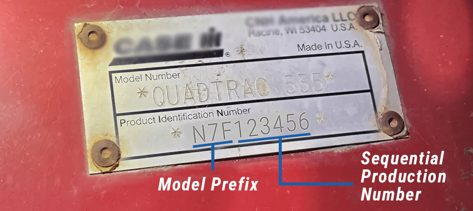 A close-up of a CASE machine's identification plate, showing how the 10-digit Product Identification Number (PIN) is broken down into a model prefix and a sequential production number.