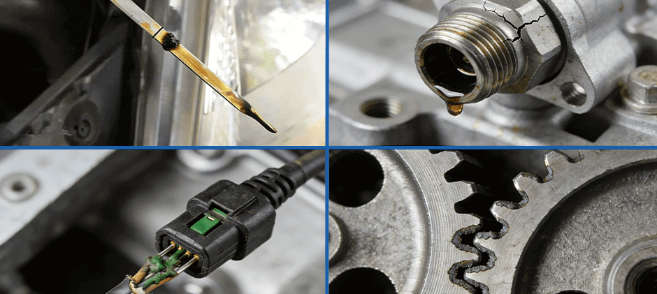 Collage showing four causes of P0521: dirty oil on a dipstick, a leaking sensor, corroded wiring, and worn engine gears.