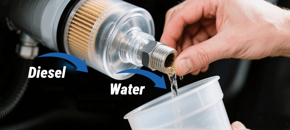 Clear demonstration of water separating from diesel fuel in a fuel water separator filter.