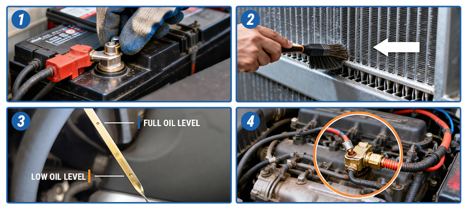 4-step maintenance checklist for Toyota forklift master warning light: checking battery terminals, cleaning radiator fins, checking oil dipstick level, and inspecting engine sensors.