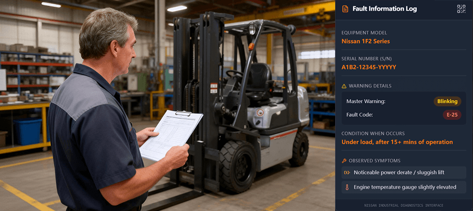 Technician inspecting a Nissan forklift with a digital fault log overlay showing Master Warning Light status and error code E-25.